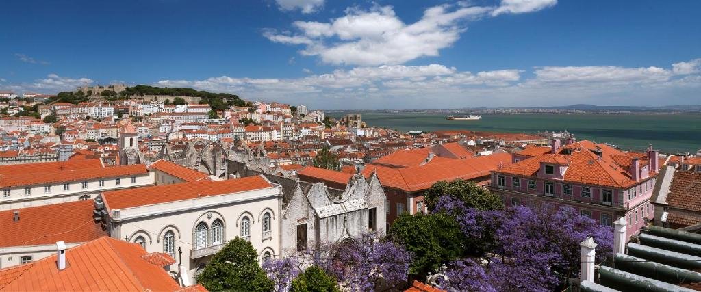 Panoramic view of Lisbon's red rooftops, historic architecture, and River Tagus under a blue sky.
