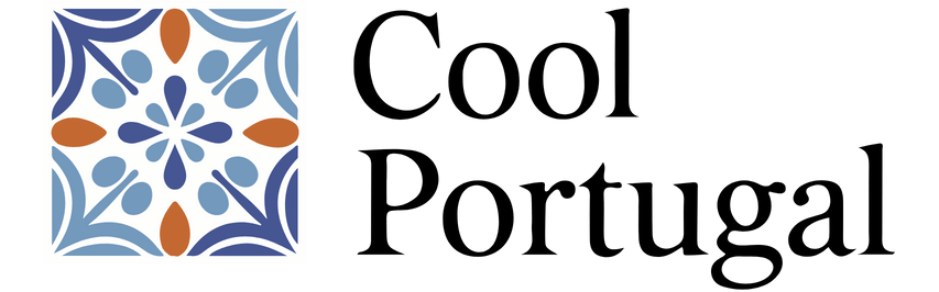 Cool Portugal logo with traditional blue and orange Portuguese tile design.